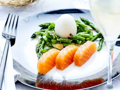 Recette de saumon fumé Balik, œuf mollet et asperges vertes